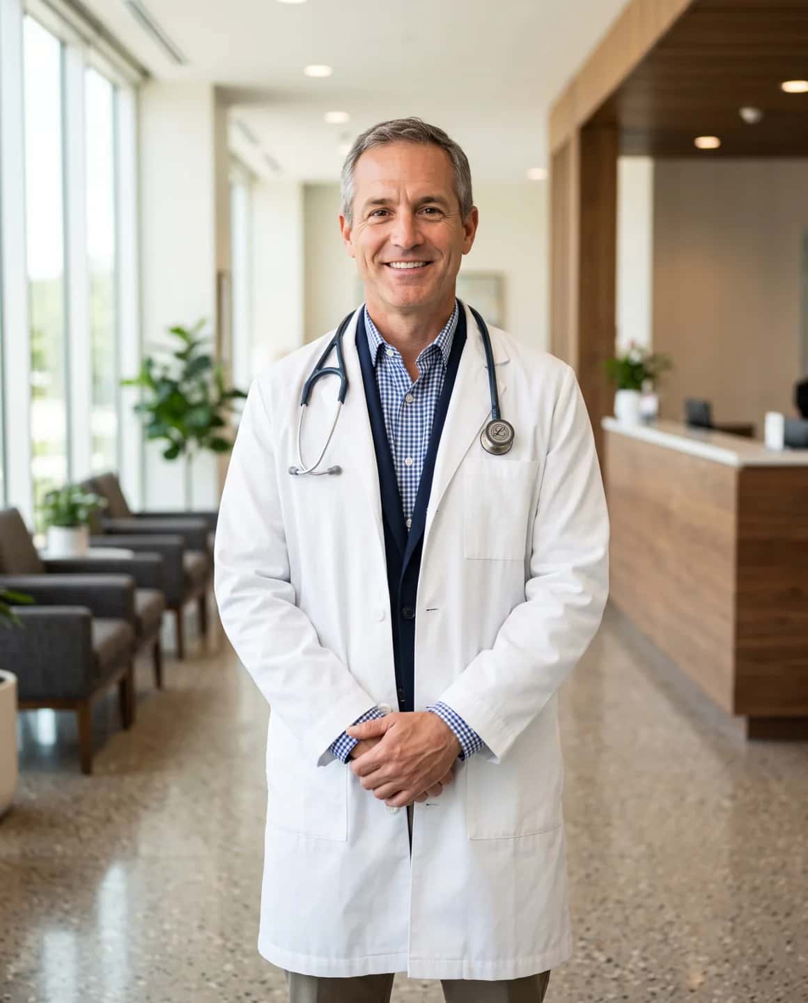 A doctor standing in a bright contemporary practice reception.