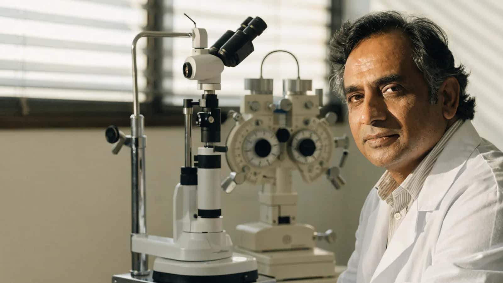 Experienced eye doctor beside examination equipment in a modern vision clinic