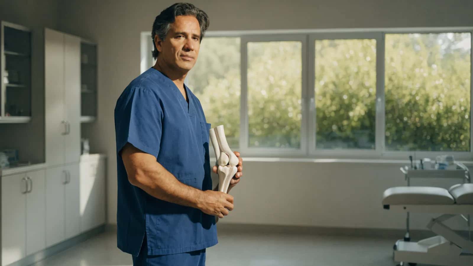 Orthopedic physician in a bright sports medicine consultation room