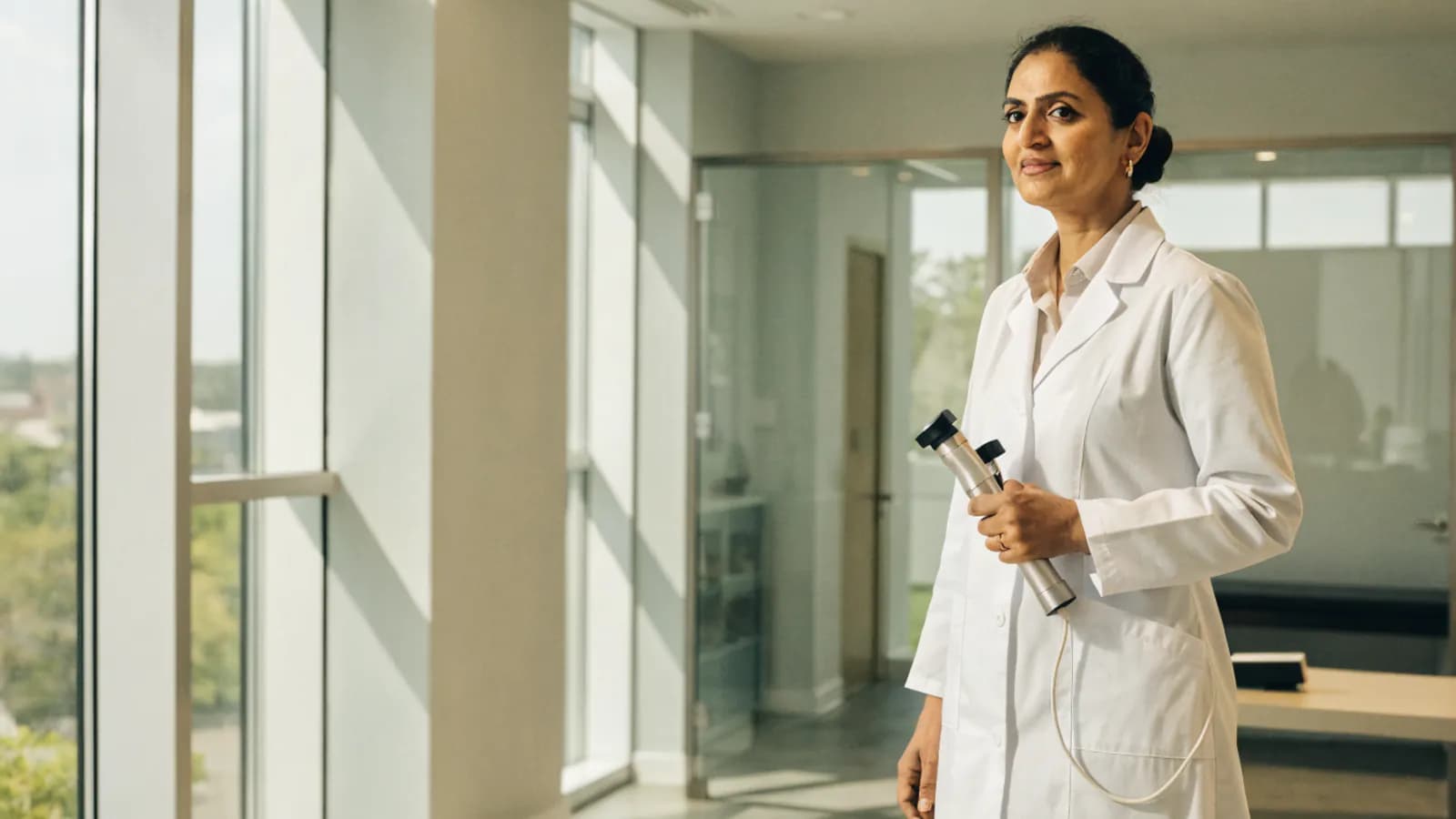 Dermatologist holding a dermatoscope in a contemporary skin clinic