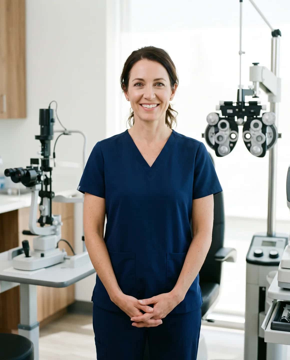 An eye doctor standing beside examination equipment in a modern optometry clinic.