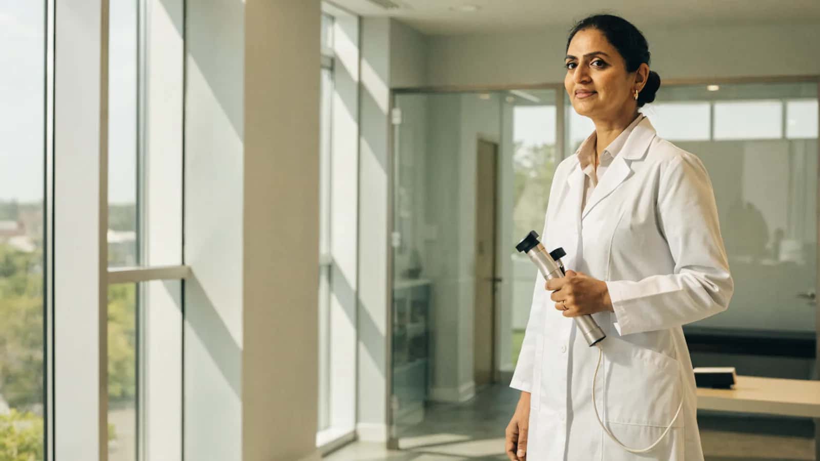 Dermatologist holding a dermatoscope in a contemporary skin clinic