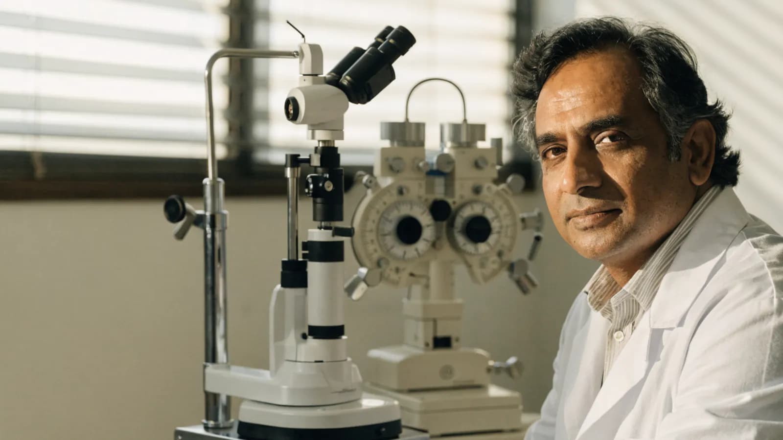 Experienced eye doctor beside examination equipment in a modern vision clinic