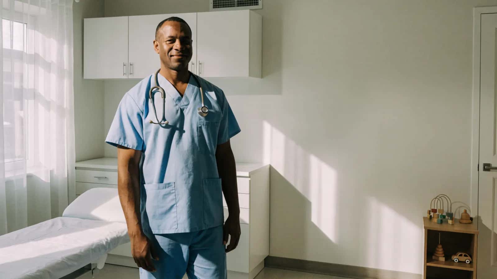 Pediatrician in a welcoming child-friendly examination room